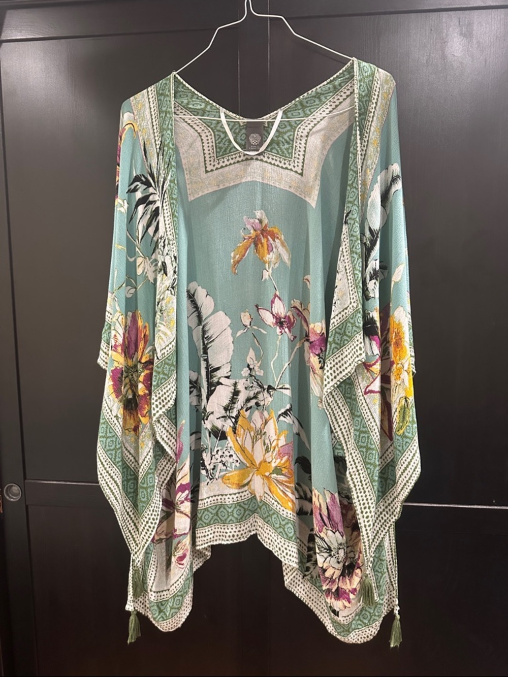 Vince Camuto Mint Green Floral Flowing Tunic with Tassels